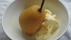 Pears poached in lavender served with ice cream