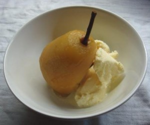 Pears poached in lavender served with ice cream