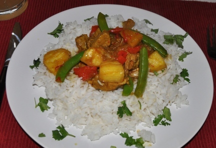 Pork, pineapple and capsicum curry served on rice