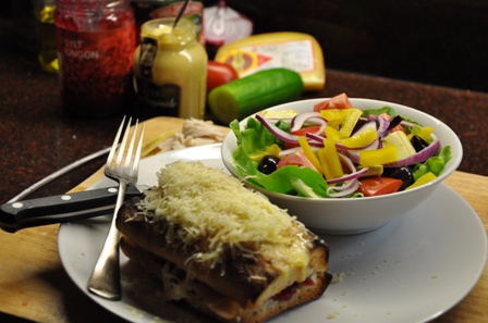 Turkey croque-monsieur with salad