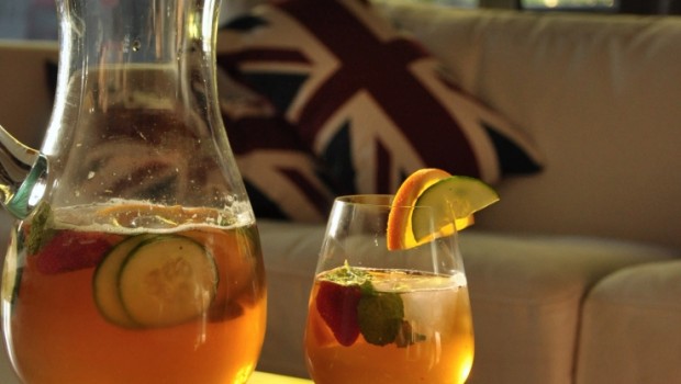 An image of a glass of Pimms and lemonade