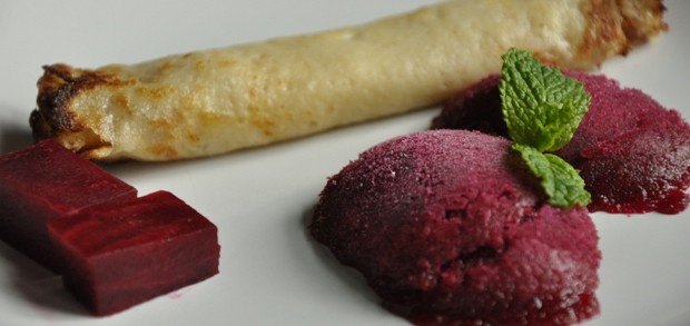 Beetroot sorbet with pancakes