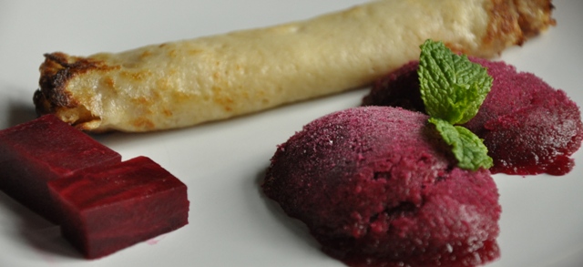 An image of beetroot sorbet with pancakes