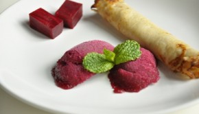 Beetroot sorbet with mini pancakes and mint