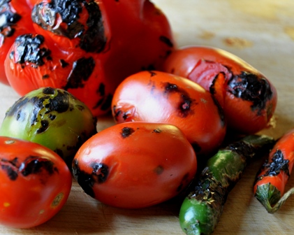 Charred peppers, capsicums, tomatoes and tomatillos