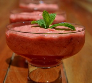 An image of rhubarb mousse with ginger beer jelly