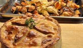 Rabbit and prune pie with roast veg