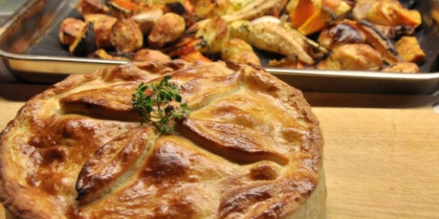 Rabbit and prune pie with roast veg