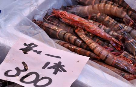 An image of tiger prawns at Tsukiji market.