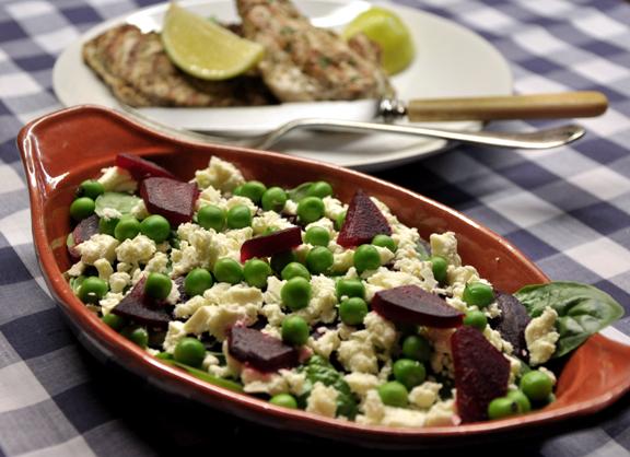 An image of Mediterranean lemon marinated chicken and feta, pea and beetroot salad