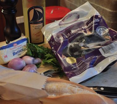 An image of the ingredients needed for Moules Mariniere