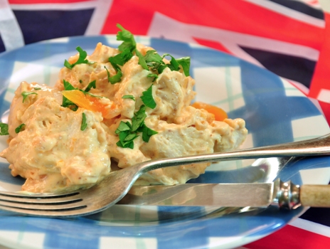 An image of coronation chicken on a checkered plate