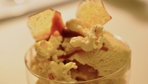 An image of home made vanilla and caramel swirl ice cream with salted caramel