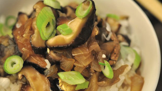 Close up of egg plant and mushroom stir fry Chinese dish