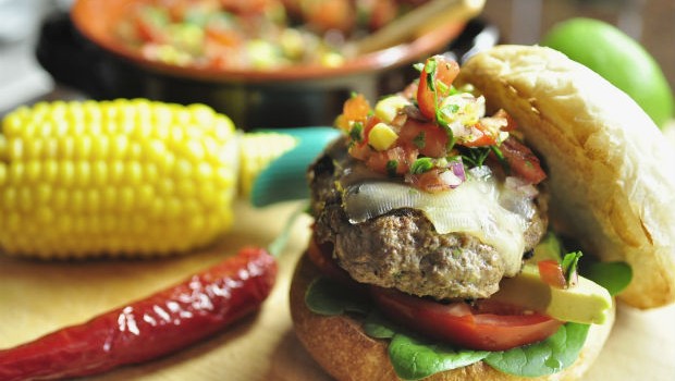 Mexican burger with corn & tomato salsa