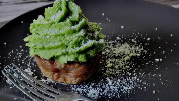 Pork cupcake on a plate with fork