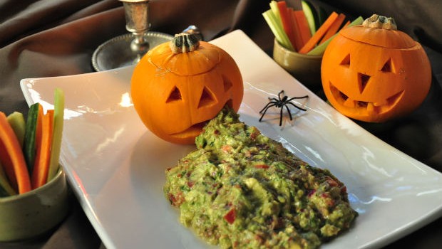 Halloween pumkin lantern with guacamole vomit