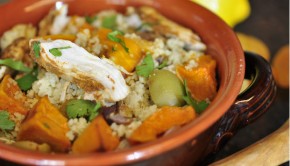 Moroccan chicken cous cous salad in a bowl