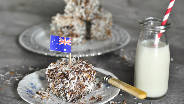 Triple chocolate lamingtons with a bottle of milk