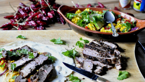 chargrilled steak, corn and lime salsa and homemade tortillas