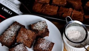 Double chocolate cinnamon-chilli brownies on a white plate