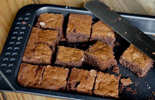Double chocolate cinnamon-chilli brownies in tray