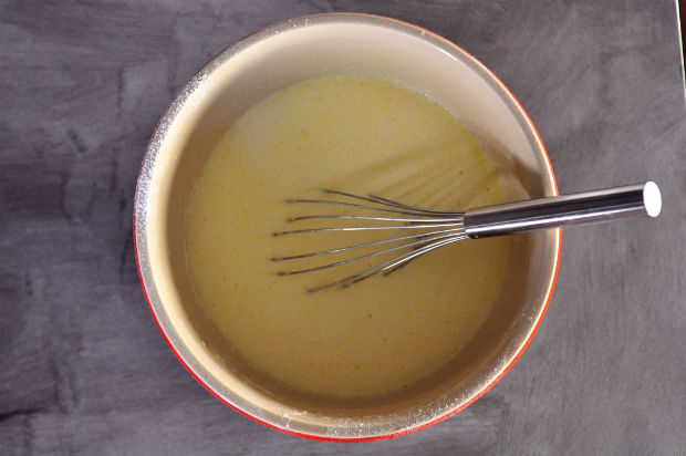 Far Breton custard in bowl ready for baking