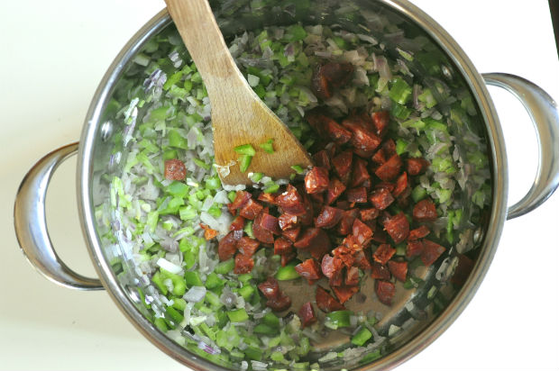 Chopped chorizo and veg for pork and beans