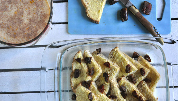 Bread and butter pudding in preparation