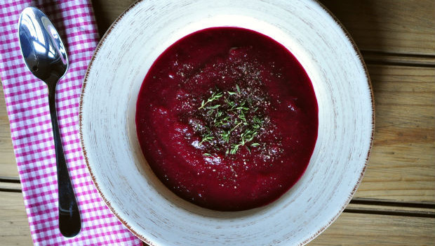 Roasted beetroot soup in a bowl