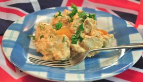 An image of coronation chicken surrounded by bunting flags