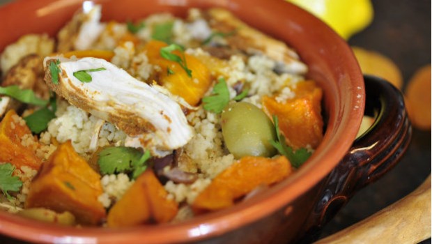 Moroccan chicken cous cous salad in a bowl