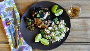 Perfect juicy, crispy, spicy jerk chicken on a plate