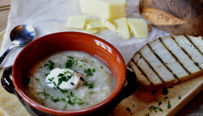 Potato and leek soup in a bowl